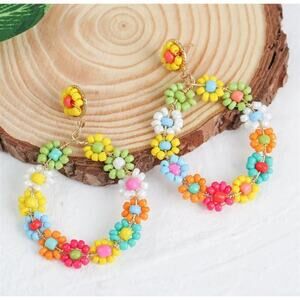 DAINTY Seed Bead Summer Colorful Daisy Hoops Earrings